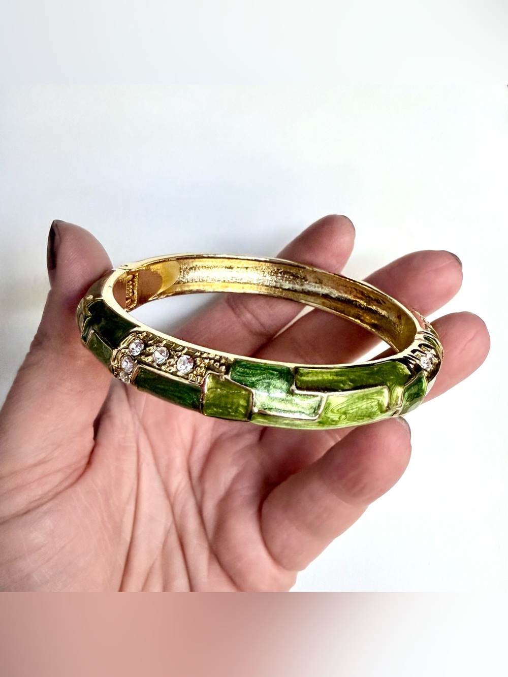 Vintage Green Enamel Hinged Bangle Bracelet Gold Tone Rhinestone Accent